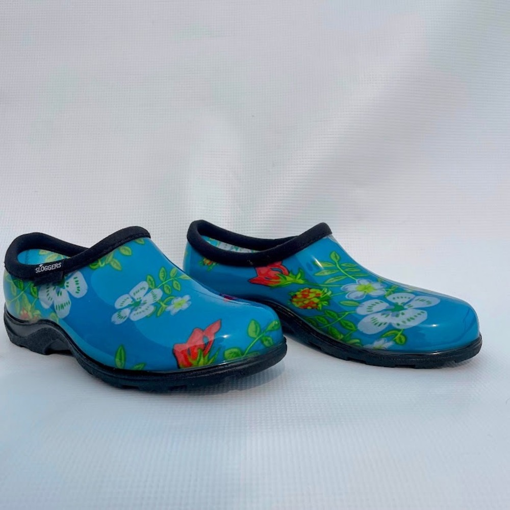 Sloggers Women Garden Shoes 6 Blue Floral Waterproof Slip On Rain Clogs USA Made